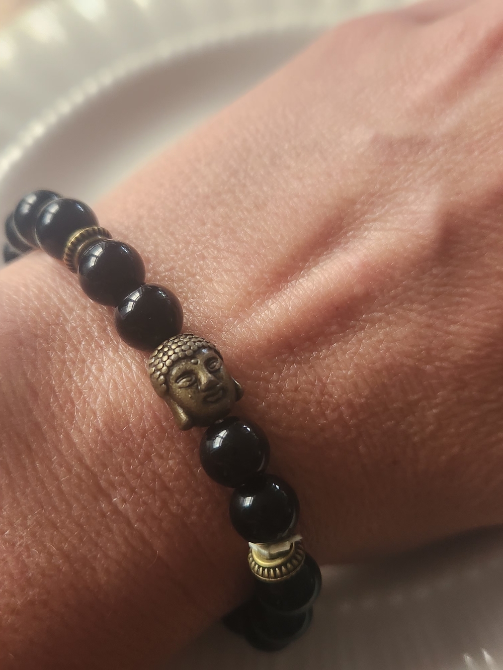 Black Beaded Buddha Stretch Bracelet - Unbranded
